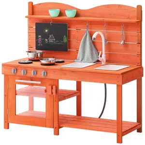 VEVOR Mud Kitchen for Kids, Wooden Toy Play Kitchen Set, Outdoor Toddler Grocery Store Playset for Boys & Girls, Pretend Play Kitchen with Stoves, Sink, Faucet, Blackboard, Cookware Pots, Accessories