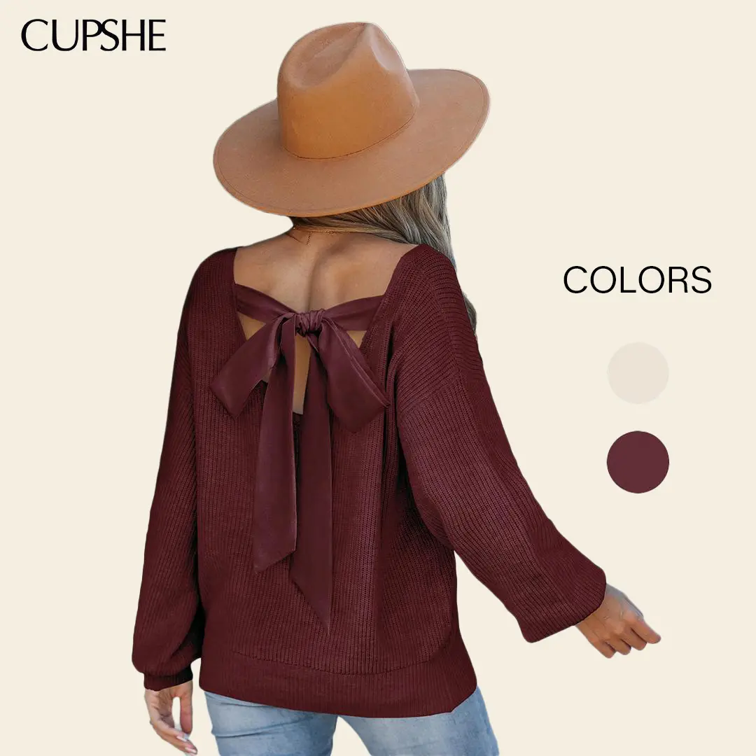 Cupshe Women's Striped Knitwear, Casual V-Neck Loose-Fitting Sweater with Long Sleeves and an Oversized Bow