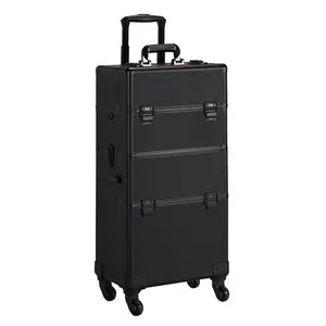 Yaheetech Makeup Train Case 3 in 1 Professional Cosmetic Trolley Multi-Functional Organizers Large Storage Traveling Cart Trunk for Nail Tech - Black
