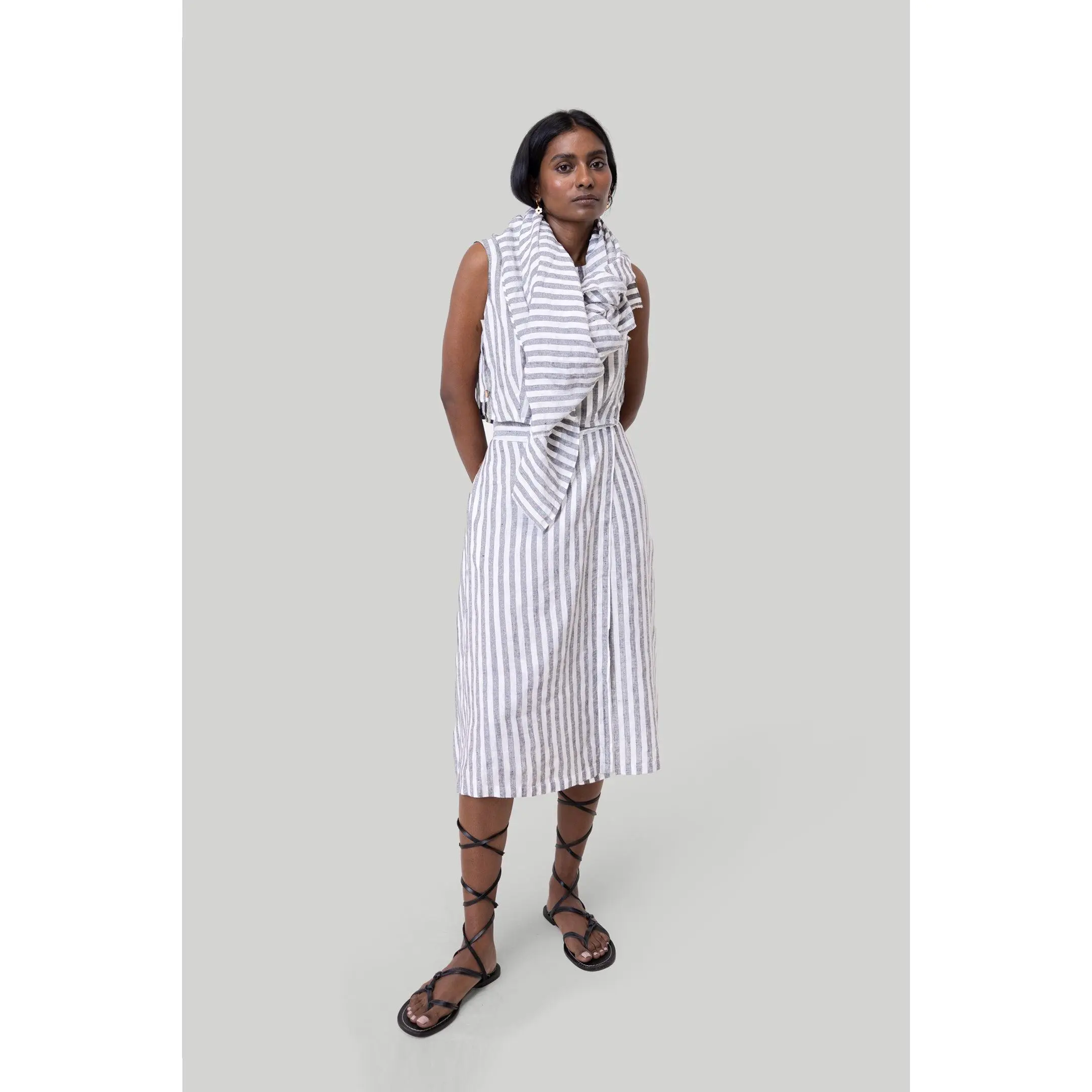 Overlap Midi Skirt in Linen Stripes