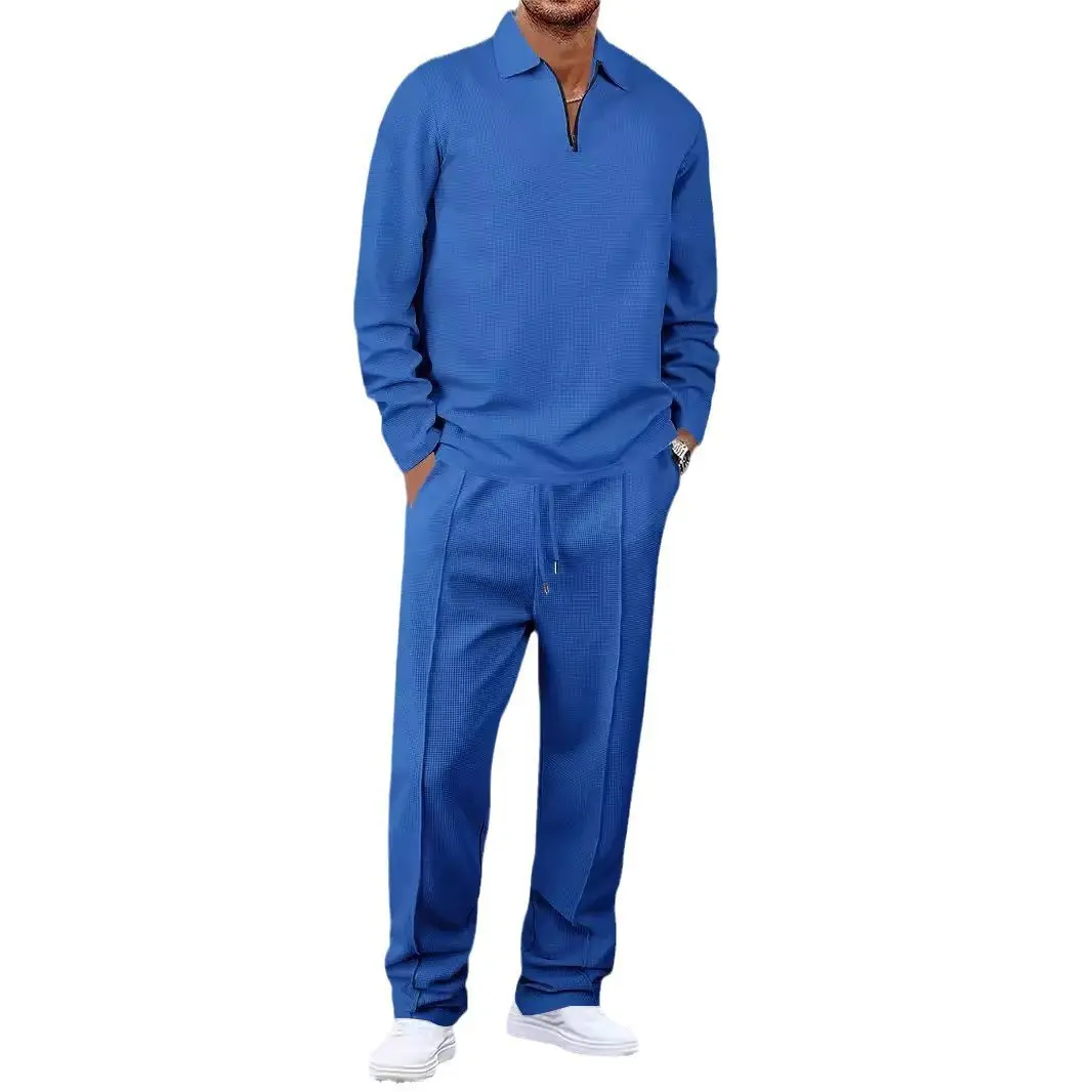 Men's 2 Piece Waffle Knit Tracksuit Set Long Sleeve Quarter Zip Polo Shirt and Jogger Pants Casual Fashion Matching Outfit
