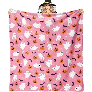 Pink Ghost Blanket for Kids Girls Cute Halloween Cat Throw Blanket, Soft Flannel Fleece Halloween Blankets and Throws Decor Gifts for Kids Women
