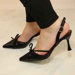 Lady high heel, closed toe, kitten heel, point toe, casual bow, ankle strap with buckle, open back slip on tall kitten heel