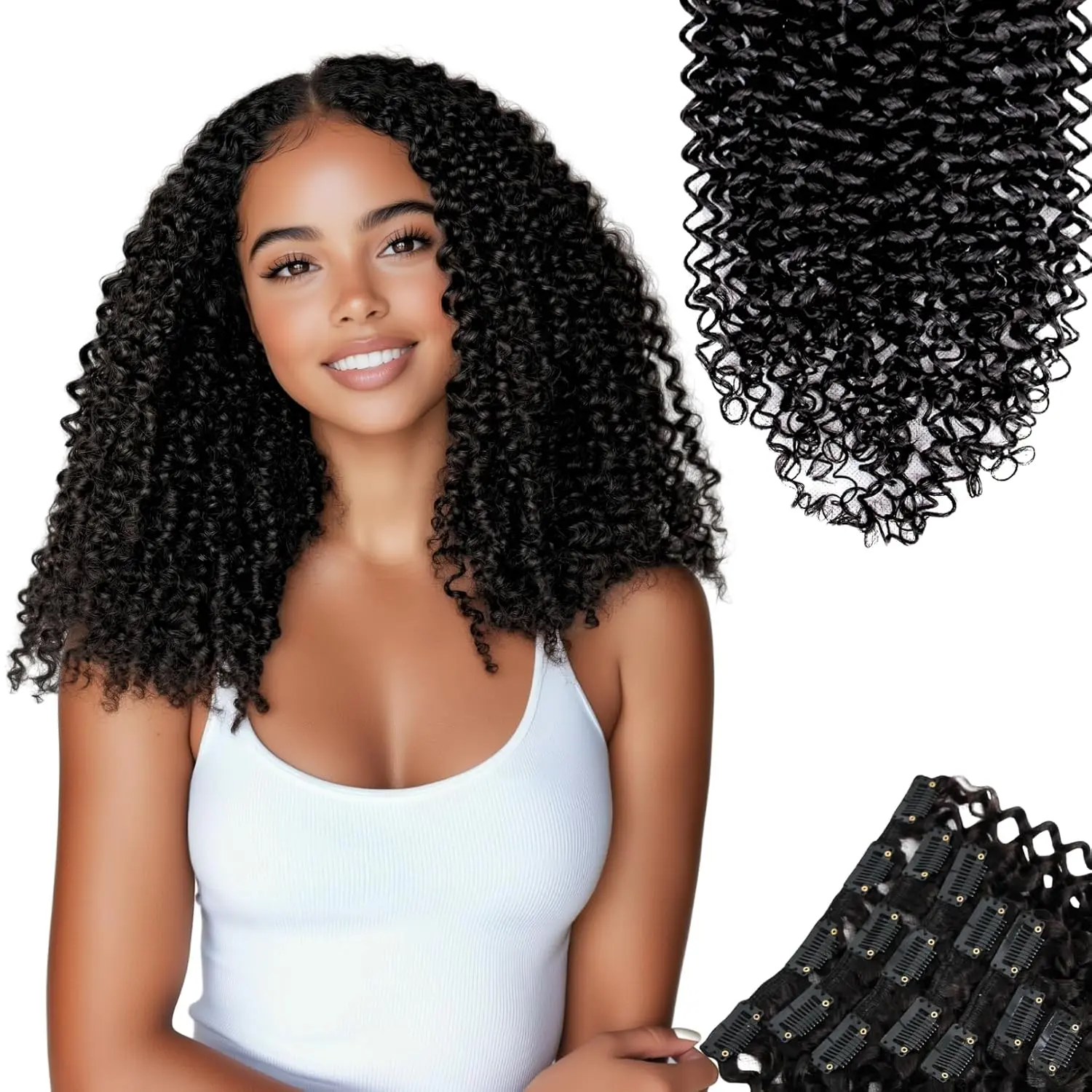 Kinky Curly Clip In Hair Extensions, 3C 4A 100% Brazilian 
