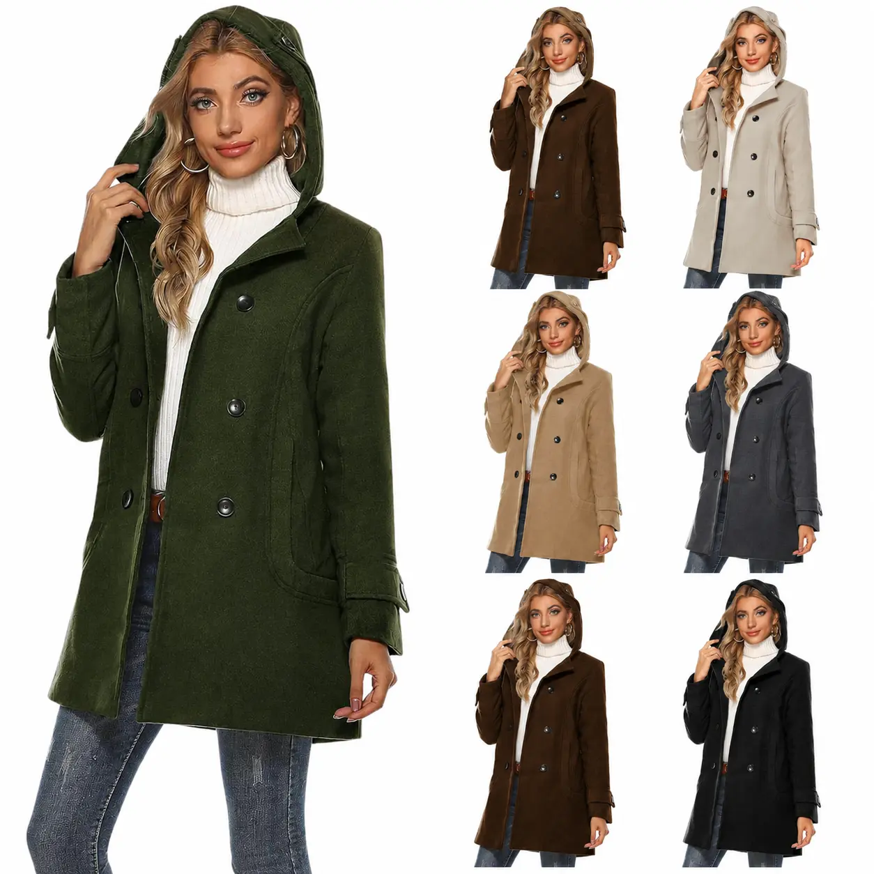 Yeokou Women's Chic Elegant Hooded High Neck Double-Breasted Button Wool Blend Pea Coat, Casual Above-Knee Long-Sleeve Outerwear Jacket with Pockets, Lady, Dating, Holiday, Work