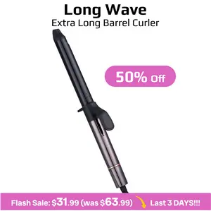 Extra Long Barrel Curling Wand for Loose Curls & Soft Waves, Beach Wave and Blowout Curling Iron, Ionic Moisture Heat Hair Curler for Mermaid & Hollywood Waves, Adjustable Temperature up to 430°F, Ceramic Design, Auto Shut‑Off, Smooth Frizz‑Free Finish