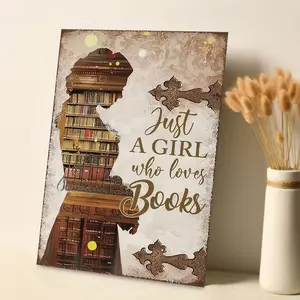1pc canvas painting, vintage bookshelf art poster "Just a girl who loves books" canvas wall art, interesting wooden frame for home bedroom, kitchen, living room, bathroom, hotel, cafe, office, restroom, room art canvas wall art poster