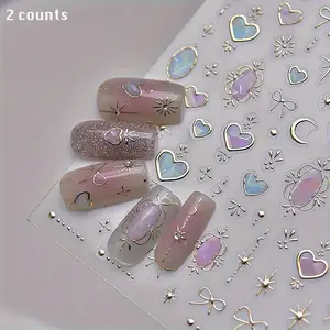 3D Nail Art Sticker, 2 Counts/set Heart & Moon & Bow Design Nail Art Sticker, Self-adhesive Jelly Gems for DIY Manicure Decorations
