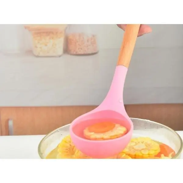 1PCS Wood Handle Silicone Soup Ladle, BPA-Free Non-Stick Cooking Spoon, Heat Resistant Large Silicone Soup Spoon for Porridge Broth Stew, Multicolor Kitchen Utensil for Cookware