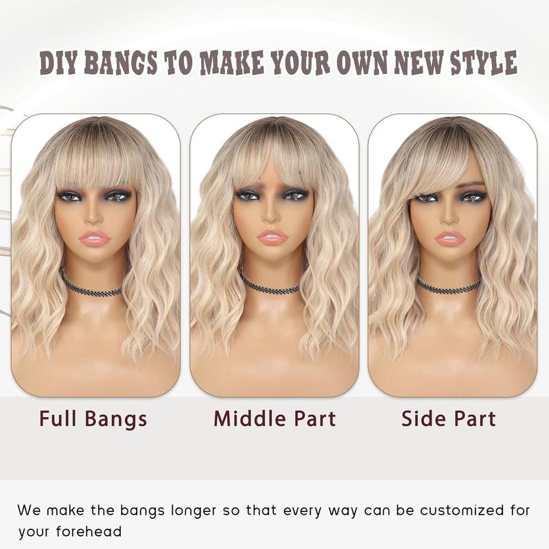Platinum Blonde Bob Wig for Women Short Blond Wavy Wig with Bangs Natural Looking Synthetic Ombre Blonde Curly Wig for Daily Party Use（14inch）