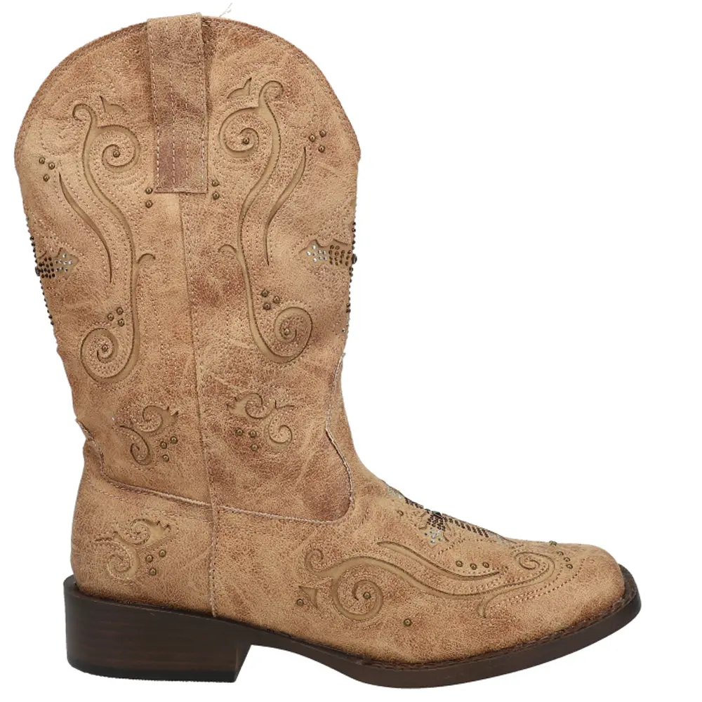 ROPER Womens Faith Rhinestone Square Toe  Casual Boots Mid Calf Low Heel 1-2" - Beige