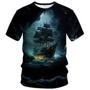 Unisex Mystical Pirate Ship in Stormy Cave 3D Graphic T-Shirt, Great for Halloween, Pirate-Themed Events, Casual Daily Use – For Adventure & Nautical Enthusiasts