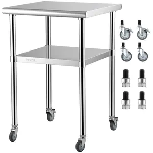 VEVOR Stainless Steel Prep Table, 24x 24x 36, 600lbs Load Capacity, Heavy Duty Metal Work Table with Adjustable Bottom Shelf and Universal Casters, Station