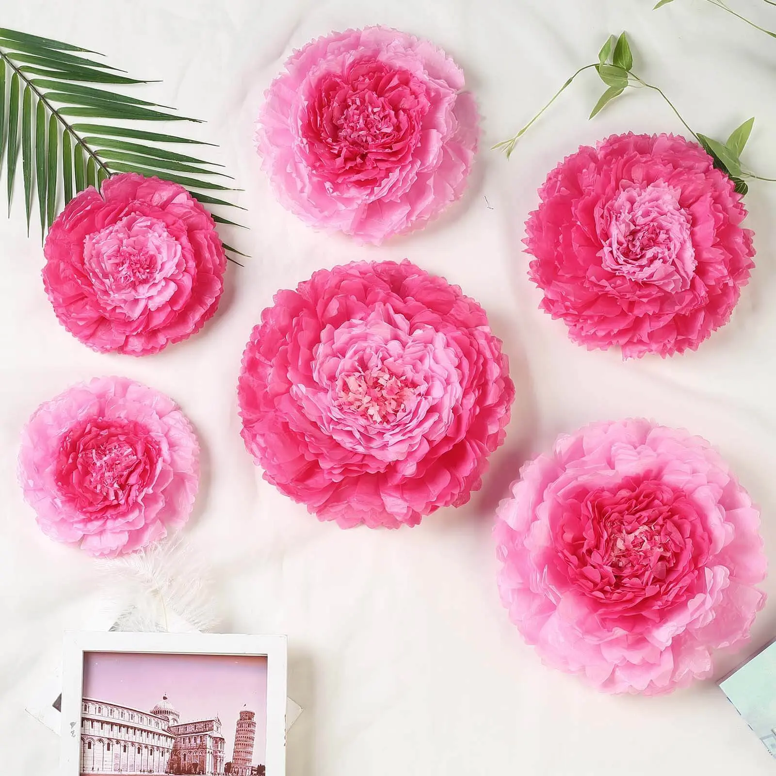 Decorative 6-Piece Pink-Fuchsia 3D Paper Carnation Set, 7in, 9in, 11in Artificial Flowers for Home Decor, Six Pieces