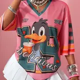 Y2K Retro Mesh Duck Smile Print Sporty Jersey, Women's Breathable V-Neck T-Shirt, Streetwear Festival Daily Fashion Top, Athletic T Shirts, Activewear Tee