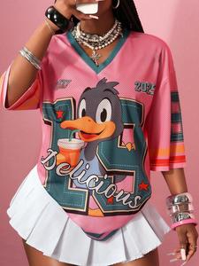 Y2K Retro Mesh Duck Smile Print Sporty Jersey, Women's Breathable V-Neck T-Shirt, Streetwear Festival Daily Fashion Top, Breathable Tops