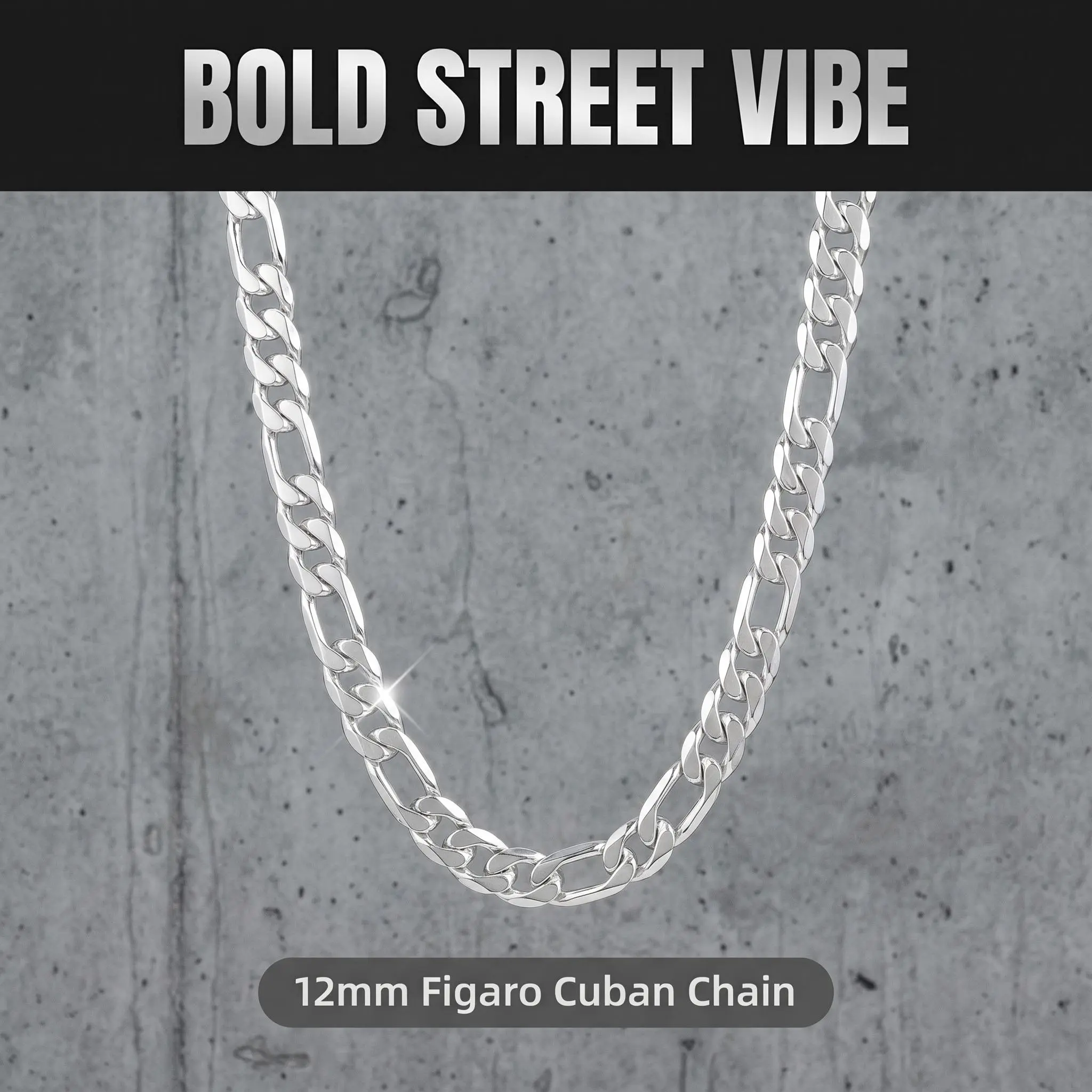 Silver Plated Hip Hop Necklace, 925 Silver Plated, Length 55cm (21.7") & 60cm (23.6"), Width 12mm (0.47"),Unisex Sturdy Silver Figaro Chain | Tarnish-Resistant, Perfect for Daily Wear with Sturdy Clasp, Hypoallergenic Polished Finish.