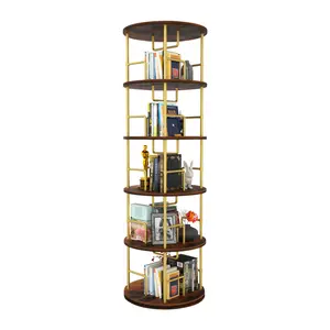 5 Tier Rotating Bookshelf, 360 °   Display Round Spinning Bookshelf,  Wood & Metal Stackable Spinning Bookshelf Tower, Space Saving Floor Standing Swivel Bookcase for Bedroom, Living Room, Office, Gold