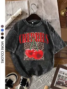 Women's Pale Cherry Print Leopard Graphic T-Shirt, Casual Knit Loose-Fitting Round Neck Short Sleeve Basic Top for All Seasons, Summer, Stylish Homewear for Daily Outdoor Activities