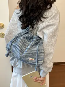 2026 New Washed Gradient Stripe Denim Drawstring Bag, Large Capacity Lazy Crossbody Bag, Japanese Retro Casual Shoulder Bag