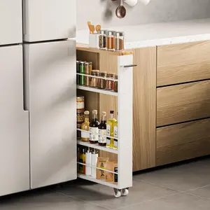 KLM 4 Tier White Slim Cart with Handle, Slide Out Rolling Cart for, Laundry, Places