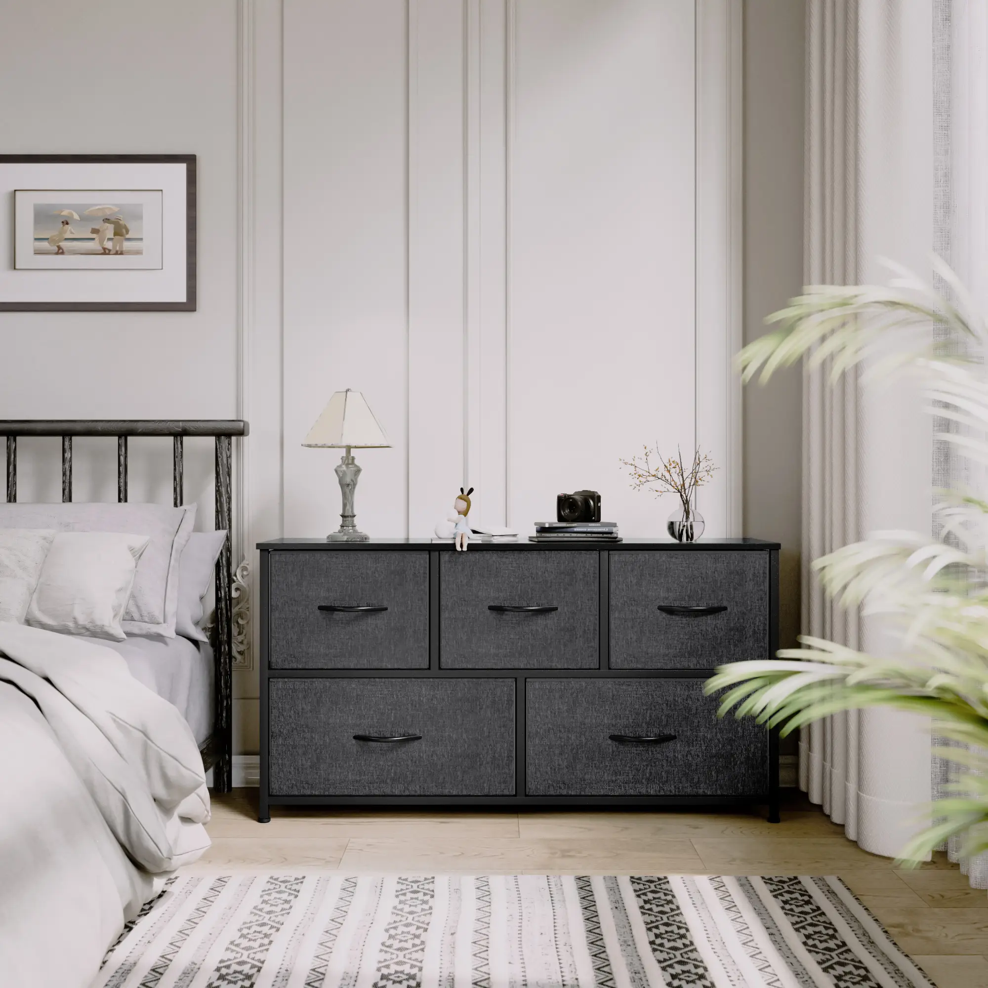 Yitahome Wide Storage Tower with 5 Drawers - Fabric Dresser, Organizer Unit for Bedroom, Living Room, Closets - Sturdy Steel Frame, Easy Pull Fabric B