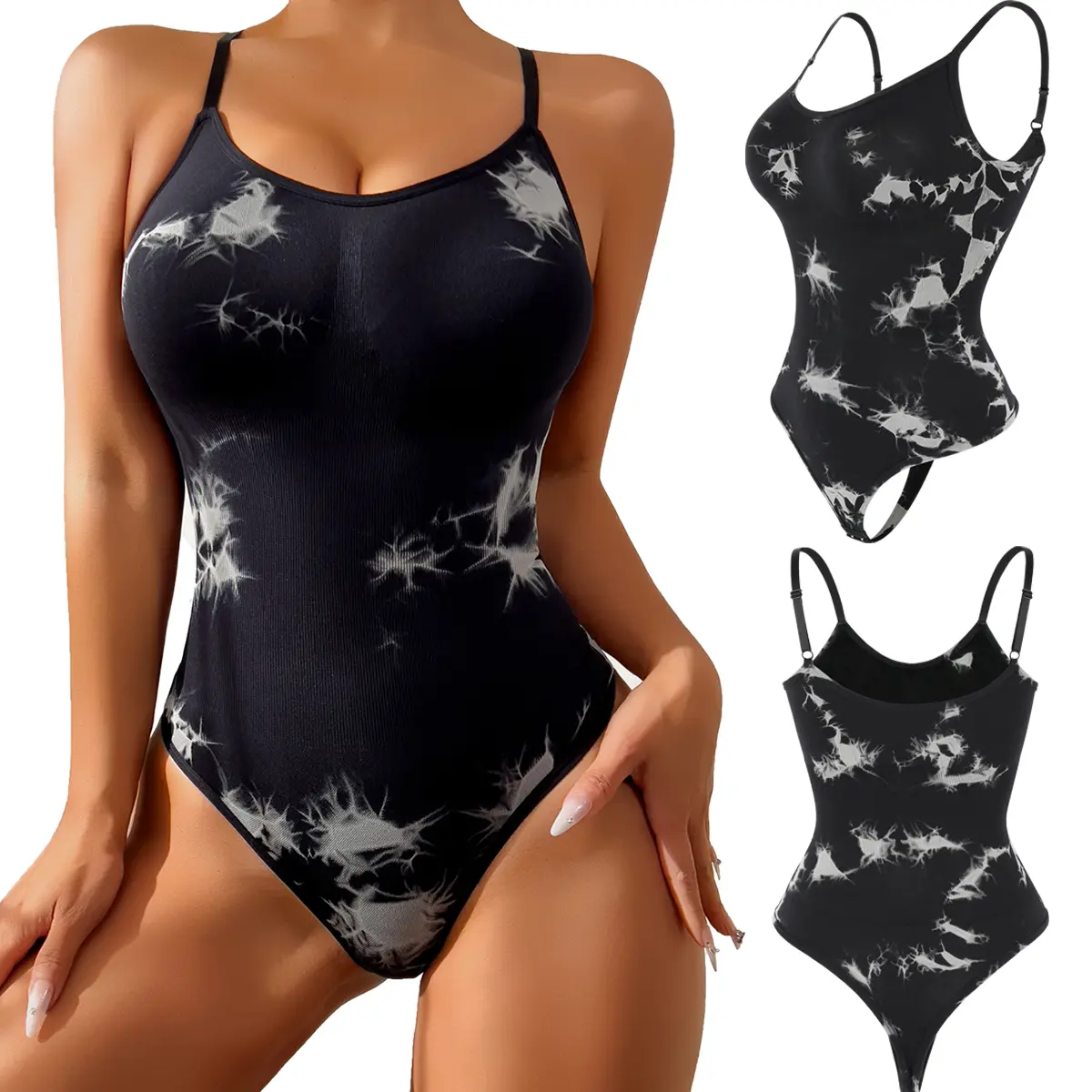 Women's Tie-Dye Print Tummy Tuck Shapewear Bodysuit - Soft Spaghetti Strap Seamless Panties Thong with Tummy Control, Suitable for Casual Daily Wear, Wedding, Work, Shapewear For Women, Night Out