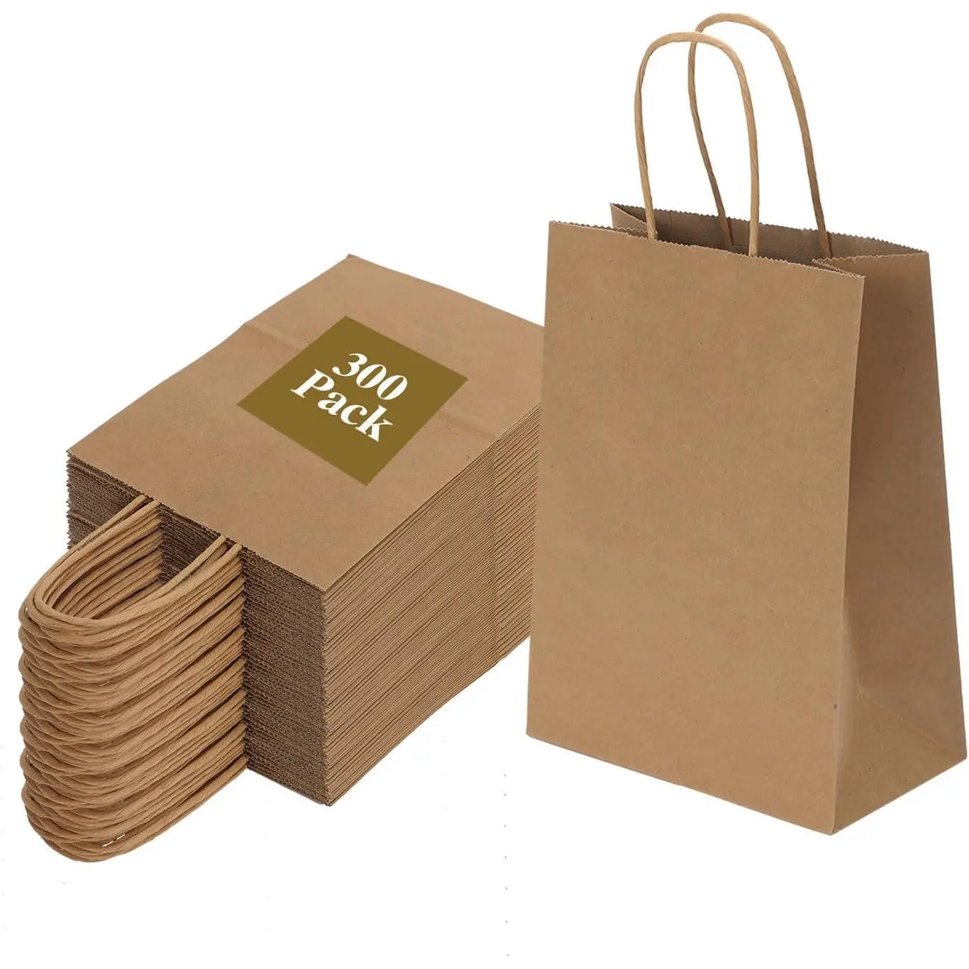 Small Brown Eco-Friendly Kraft Paper Bags with Carry Handles, 300-Pack 6x3.25x8 Inches Blank Sacks for Grocery Shopping, Party Favors (All Seasons Home & Festive Use), Carry Handle, Biodegradable