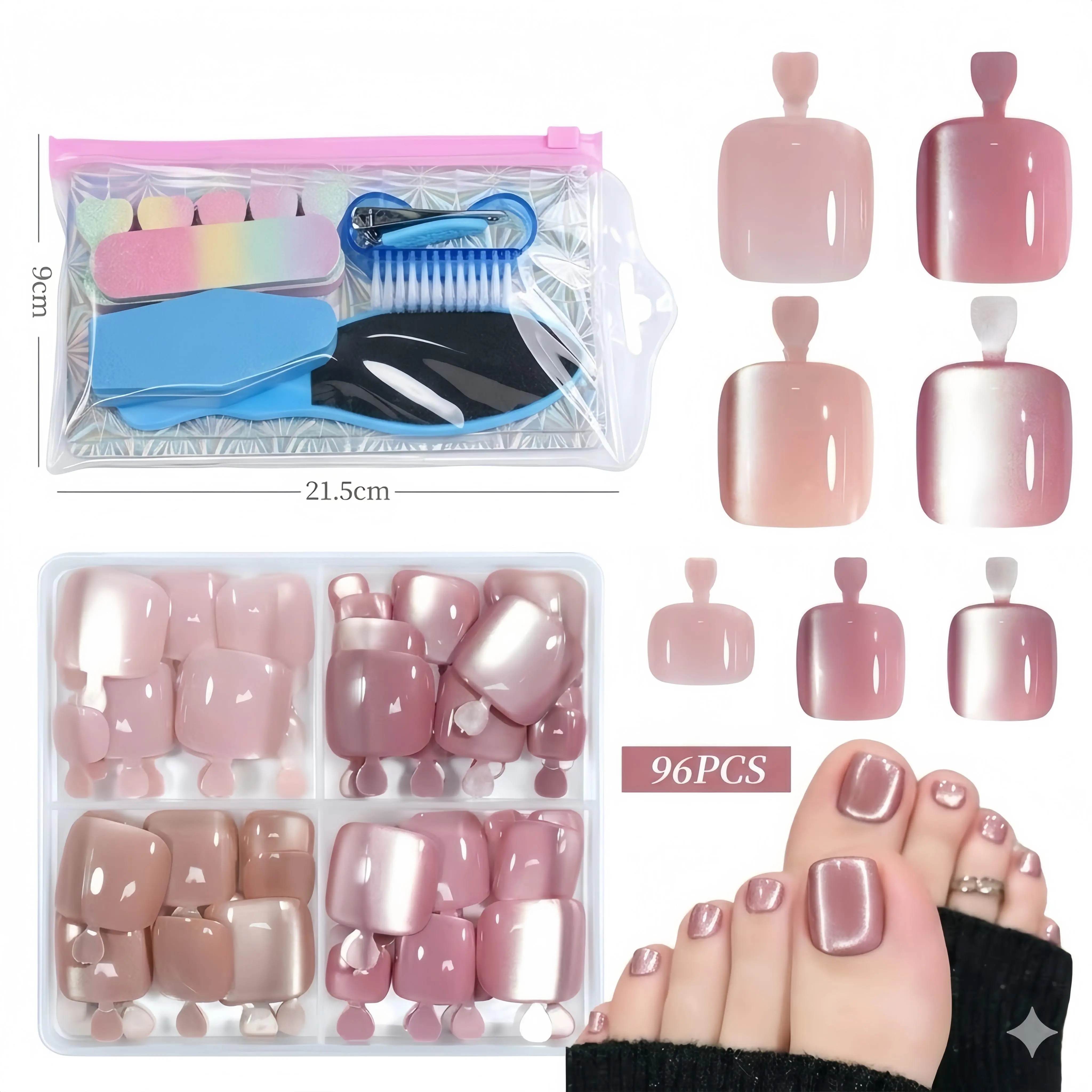 Women's Nude Pink Ombre Cat Eye Press On Toenails Kit, 96Pcs Short Square Glossy Press On Nails with Full Pedicure Prep Tools, Reusable Natural Fake Nails for Summer Beach, Wedding DIY Salon Supplies, Toenail Press On Nails