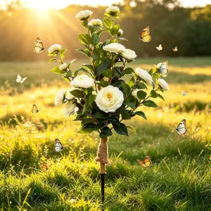 35-inch artificial camellia shrub with ground stakes, anti-ultraviolet fake camellia, all-season indelible decoration, suitable for lawn, courtyard, garden, terrace, porch and other decorations.