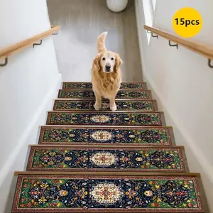 15pcs Anti-Slip Stair Mats Set, Persian Pattern Stair Carpet, Home Stair Protection Pad, Durable Non-Slip Stair Mat, Stair Decorative Rug