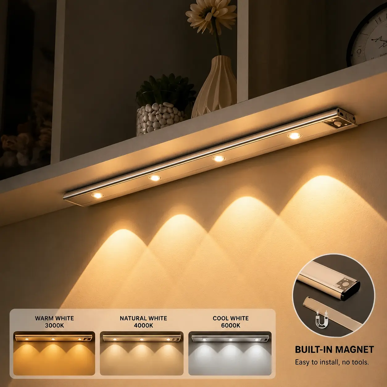 Wireless Motion Sensor LED Under-Cabinet Night Lights, Sleek Ultra-Thin Battery-Operated Under-Counter Lamps, Indoor Home Decor Lighting for Kitchen, Closet, Stairs