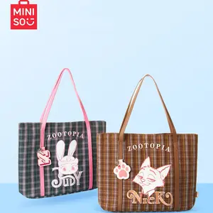 MINISO Disney Zootopia Series Checked Tote Bag (Nick & Judy) – Adorable Fox & Rabbit Print, Stylish Plaid Design, Spacious for Daily Use #Summervibes