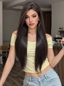 Topshe 13x6 Hand-Woven Lace Front Wig, 28 Inch Long Straight Hair, Deep, Heat Resistant Fiber, Suitable for All Occasions, Lace Front Design, Natural Looking Wig, Synthetic Lace Wig