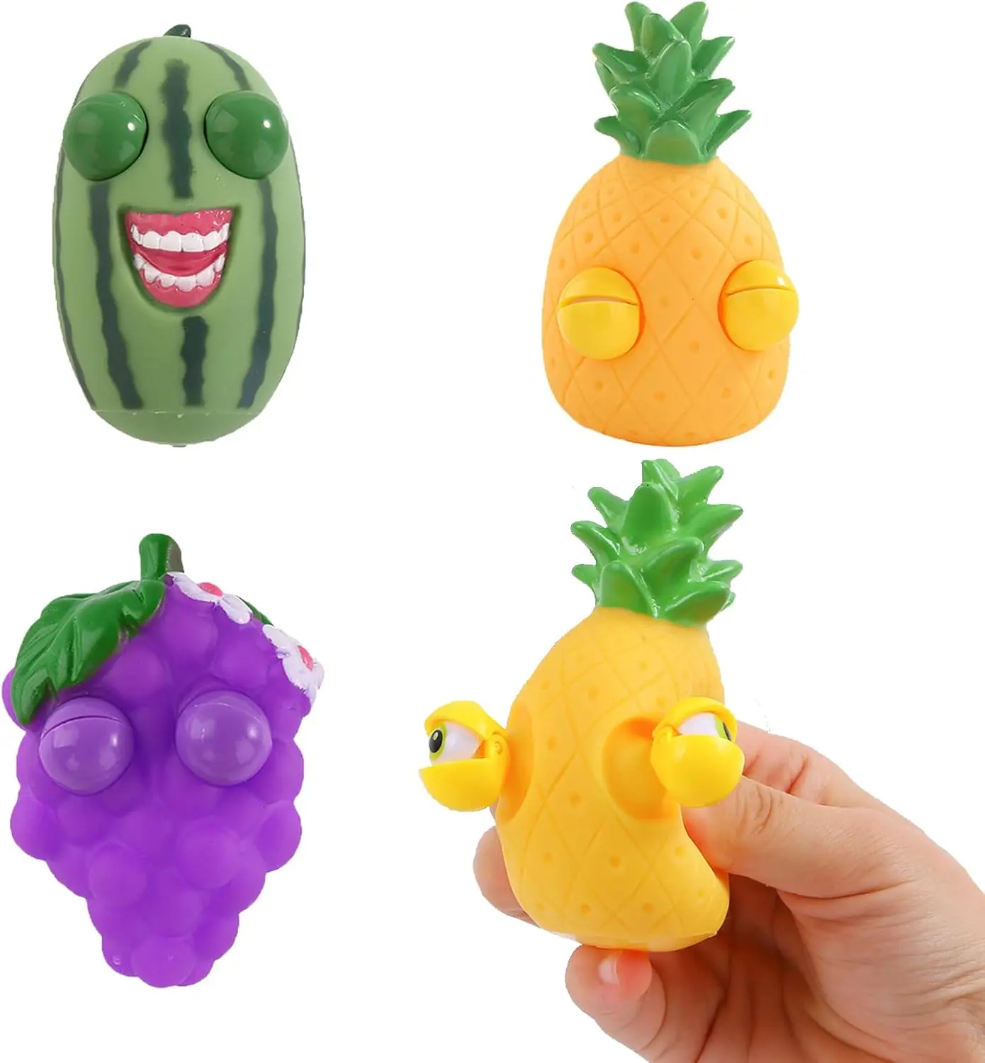 3PCS Fruit Squeeze Toys with Pop-Out Eyes – Watermelon, Pineapple & Grape Fidget Stress Relief Toys for Kids, Cute Sensory Squeeze Toys, Birthday Gifts, Party Favors & Classroom Prizes