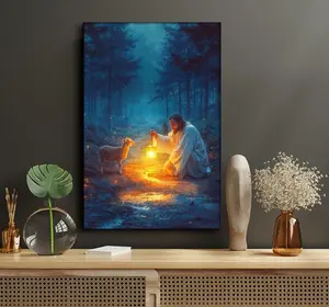 Inspirational Christian Faith Wall Decor - Good Shepherd Lantern & Lost Lamb Canvas Painting, Creative Scriptural Guiding Light Religious Artwork for Living Room