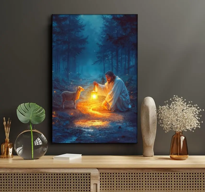 Inspirational Christian Faith Wall Decor - Good Shepherd Lantern & Lost Lamb Canvas Painting, Creative Scriptural Guiding Light Religious Artwork for Living Room