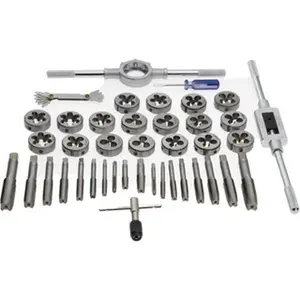 Value Collection Tap & Die Set: 1/8-27 to 3/4-16 Taps, 1/4-20 to 3/4-16 Dies, NPT, UNC & UNF Carbon Steel, Bright Finish, Round Dies, Plug, Adjustable, 41 Pc 314-9642
