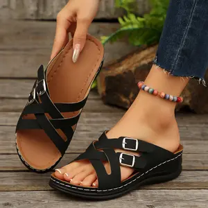 Women's Leopard Print Cross Strap Platform Wedge Sandals, Comfortable Slip-On Open Toe Mid Heel Fashion Summer Shoes, High Heel Sandals