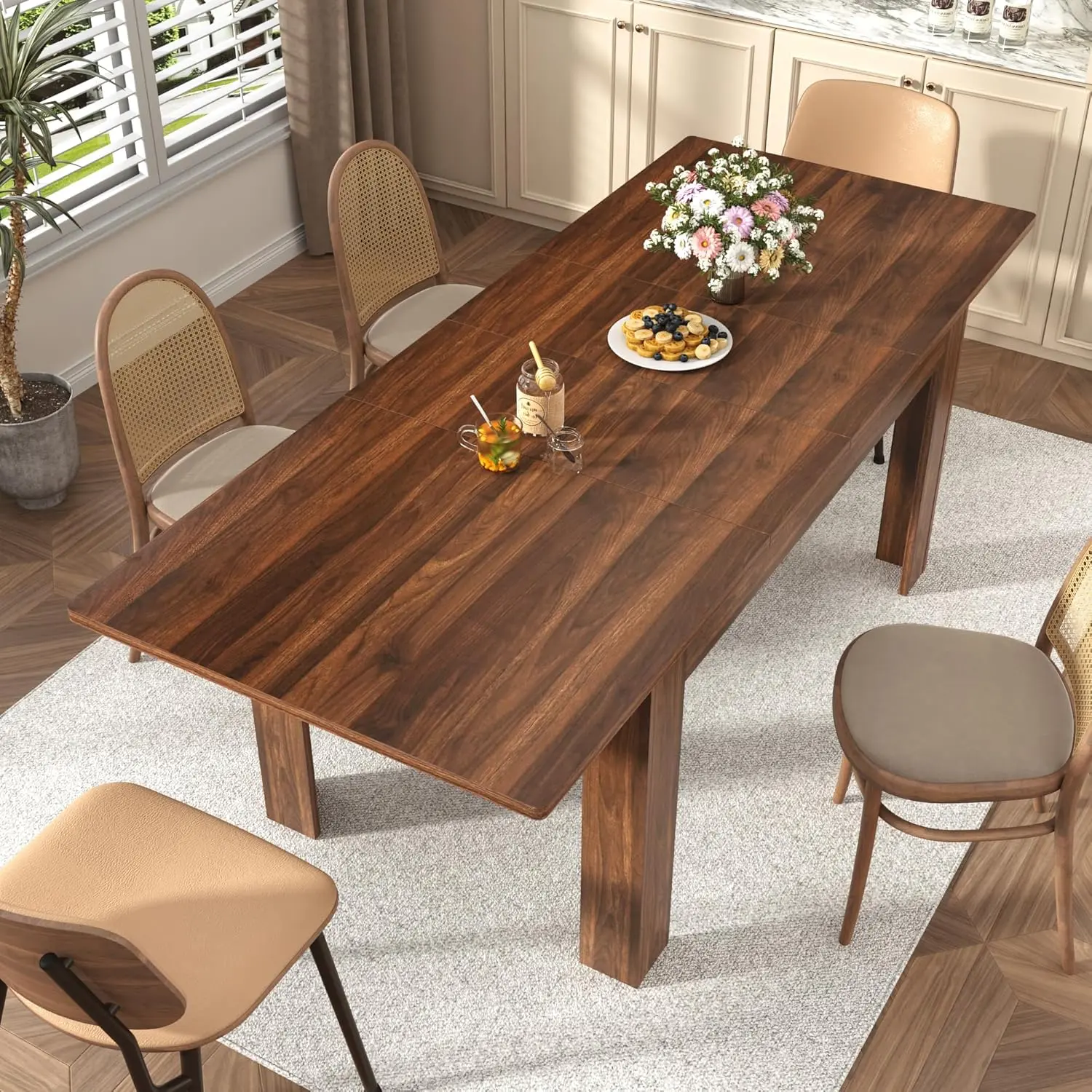 Extendable Dining Table for 6-10 Person, Wooden Dining Room Table, Modern Extendable Table for Gatherings, Meeting for Small Kitchens, Dining Office Areas(Walnut)