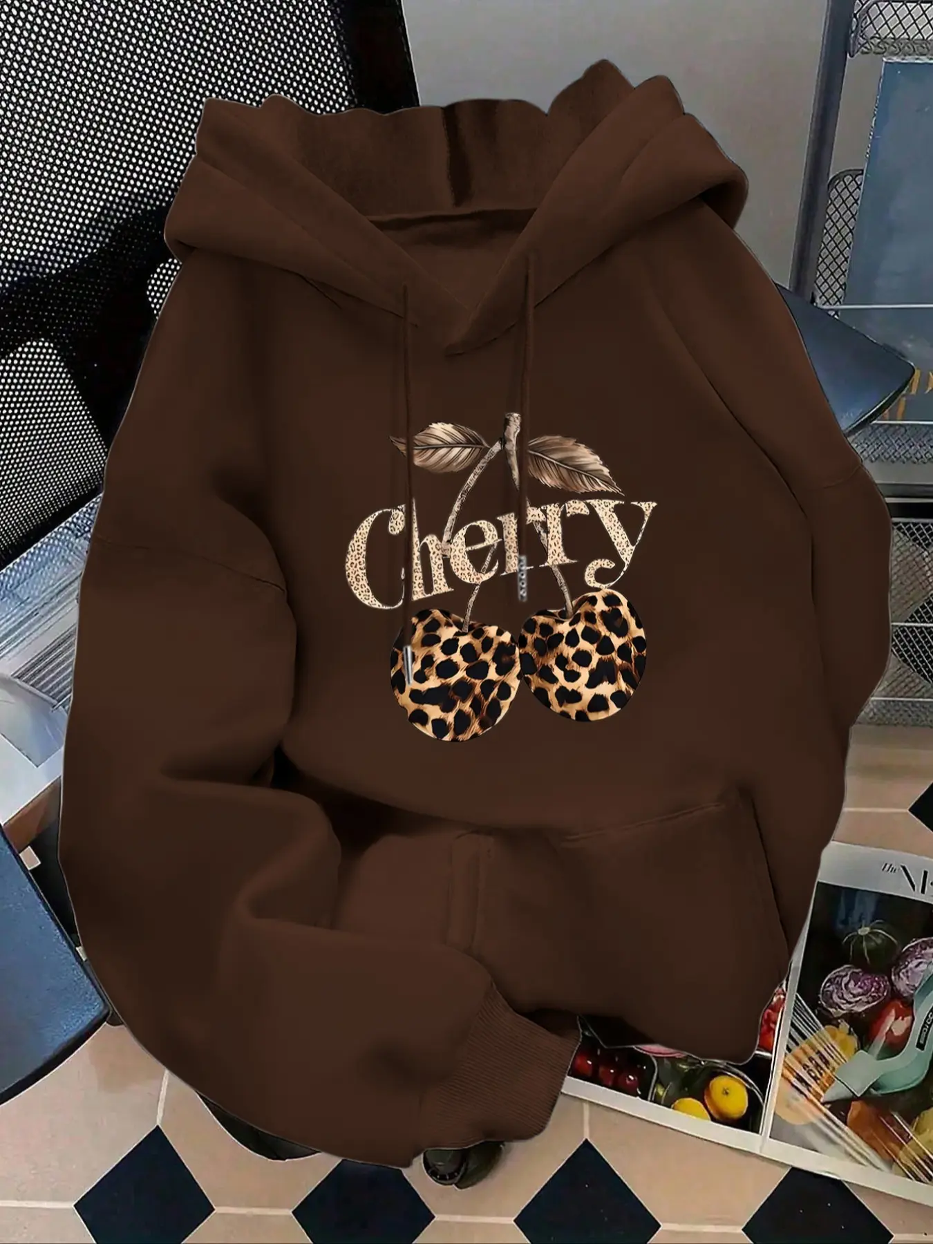 Women's Fashion Leopard Cherry Letter Print Fitted Hoodie Pullover, Kangaroo Pocket, Long Sleeve, Casual Fall & Winter Sweatshirt for Christmas New Year