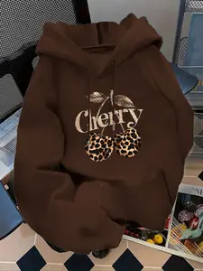 Women's Fashion Leopard Cherry Letter Print Fitted Hoodie, Kangaroo Pocket, Long Sleeve, Casual Fall & Winter Sweatshirt for Christmas New Year