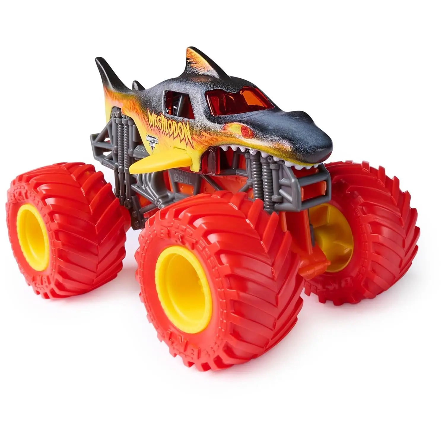 Megalodon Fire 1:64 Scale Die-Cast Metal Toy Vehicle - Monster Jam Series 02 [2026] Collectible Model Car with Detailed Chassis, Official BKT Tires, Stylized Rims for Fire & Ice Collectors, Arena-Style Action, Truck