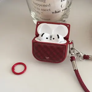 Simple leather red rhombus with lanyard, suitable for airpods4 protective case airpodspro3 generation apple earphone case second generation wireless bluetooth protective case airpod3 women's all-inclusive soft case