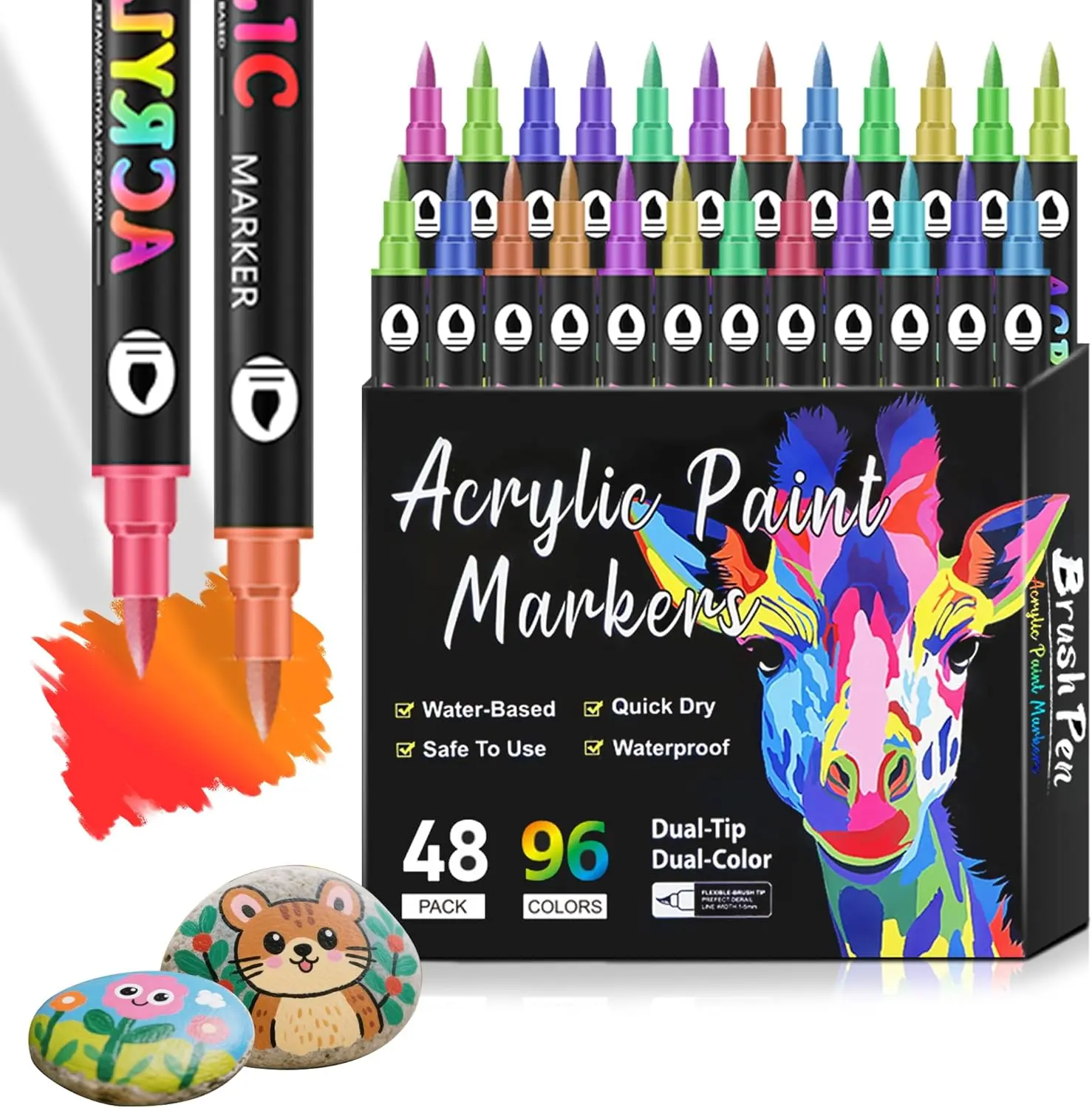Dual-tip acrylic paint markers, artist-grade dual-color pens suitable for rock painting, ceramics, stones, wood, canvas, and DIY art projects. Water-based, quick-drying, and safe to use.