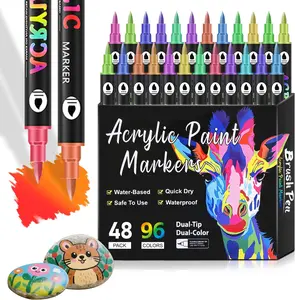 Dual-tip acrylic paint markers, artist-grade dual-color pens suitable for rock painting, ceramics, stones, wood, canvas, and DIY art projects. Water-based, quick-drying, and safe to use.