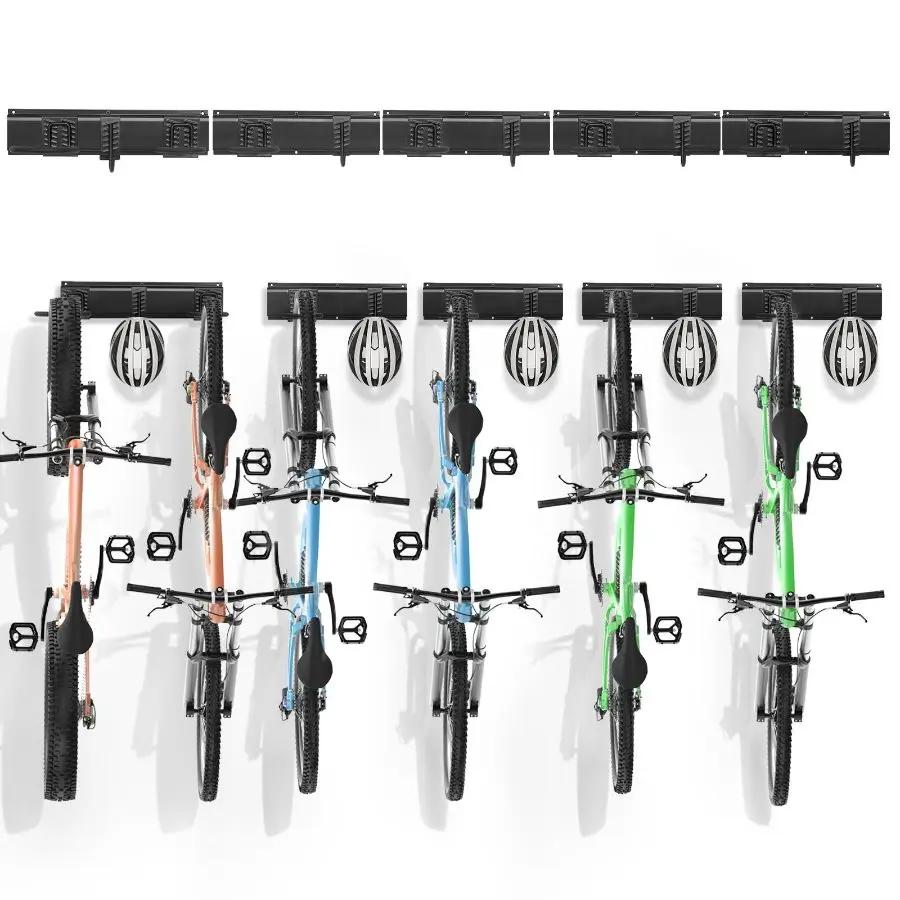 VEVOR Bike Storage Rack, 6 Bike Racks and 5 Helmets Hooks, Wall Mount ...