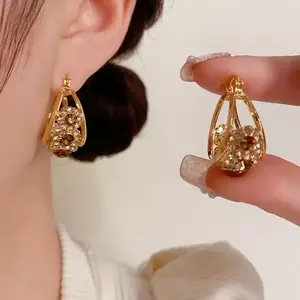 LisiZen Brown Crystal Basket Hoop Earrings 14K Gold Plated Elegant Sparkling Rhinestone Ear Cuffs, Chic Fashion Jewelry with Vintage Inspired Style Statement Piece Glamour Long Tassel DZEH2150