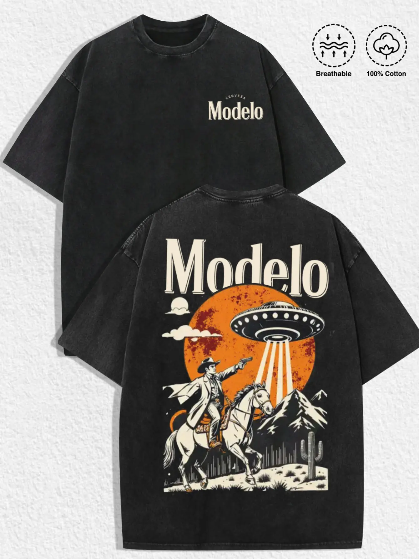 1 PCS Retro Washed Black Short Sleeve T-Shirt, Front Mini "Modelo" Print + Back UFO & Cowboy Desert Graphic, Sci-Fi Western Streetwear Style, 100% Cotton Unisex Oversized Tee, Casual Hangouts, Great Gift for Sci-Fi & Western Fans