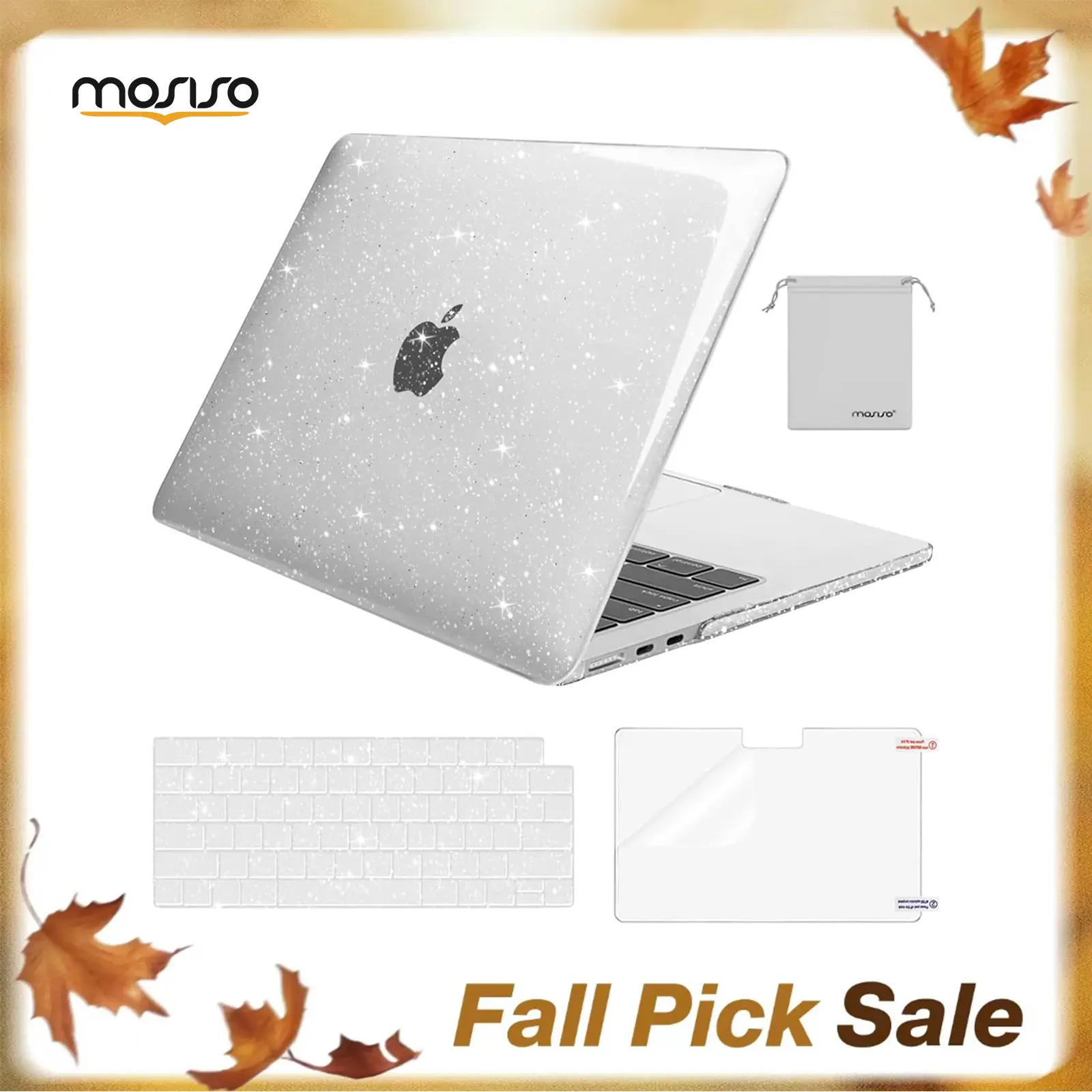 MOSISO Glitter Cover Compatible with MacBook Air 13 inch Case M5 2026 M4 2025 M3 M2 2024-2022 A3449 A3240 A3113 A2681, 4 in 1 Kit Bling Sparkly Hard Shell for MacBook Air 13.6 inch Case, School, Office, Screen Protector, Water Resistant, Plastic, Polycarb